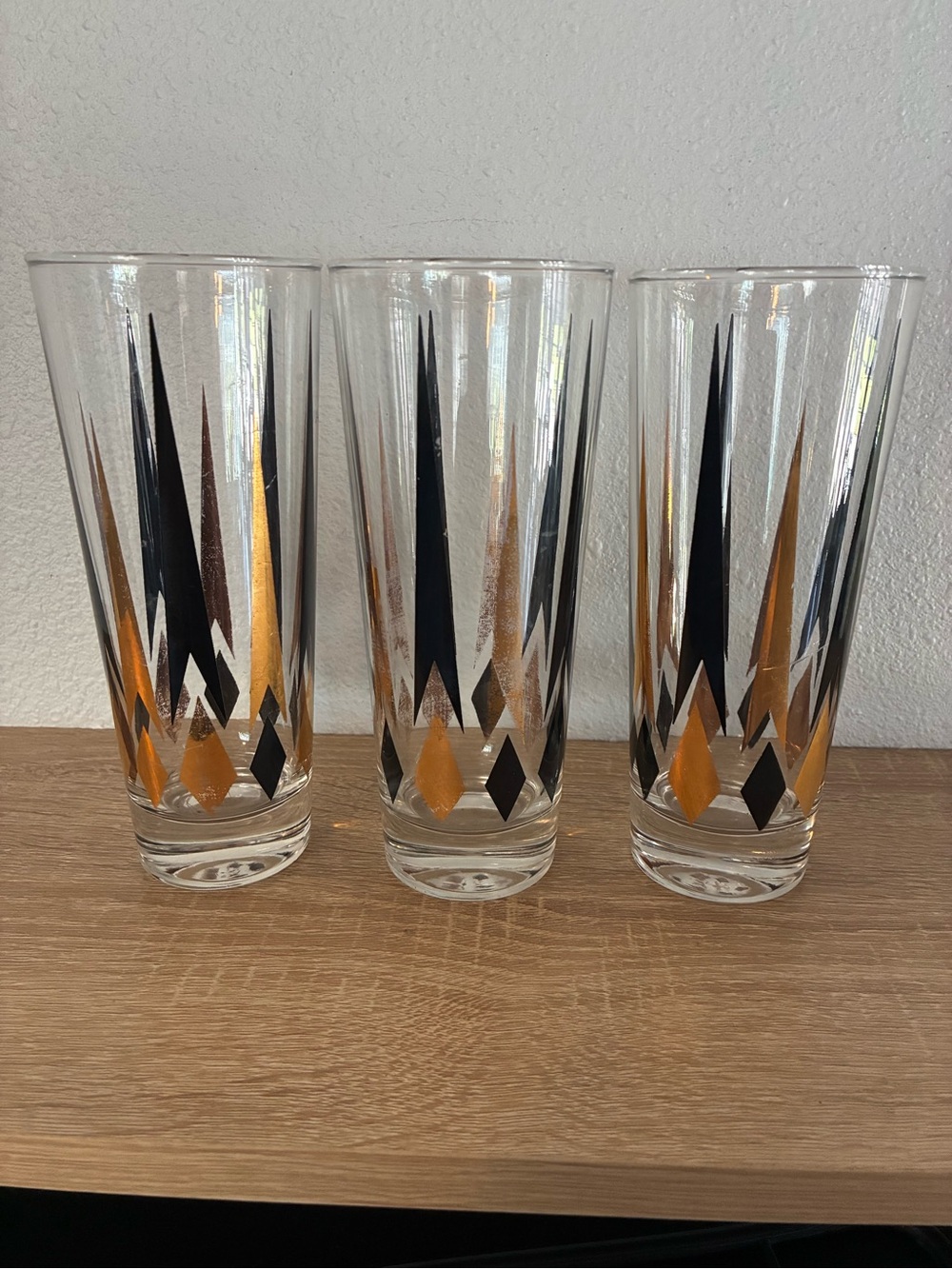 Vintage Anchor Hocking MCM Atomic Peaks Black Gold Highball Glasses Set of 3 - Picture 2 of 4